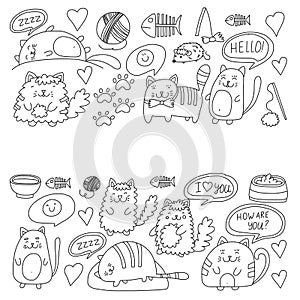 Cute doodle cats, kitty Domestic cats Vector sets with cute kittens for pet shop, cattery, veterinary clinic Doodle