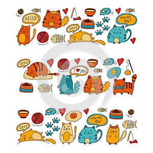 Cute doodle cats, kitty Domestic cats Vector sets with cute kittens for pet shop, cattery, veterinary clinic Doodle