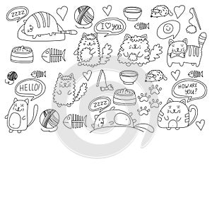 Cute doodle cats, kitty Domestic cats Vector sets with cute kittens for pet shop, cattery, veterinary clinic Doodle