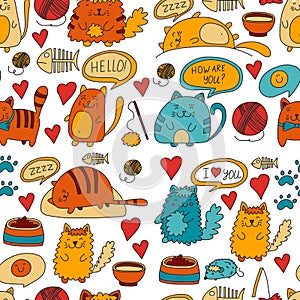 Cute doodle cats, kitty Domestic cats Vector sets with cute kittens for pet shop, cattery, veterinary clinic Seamless