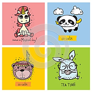 Cute doodle collection. Simple design of cute animals, birds, flowers and other elements perfect for kid's card, banners