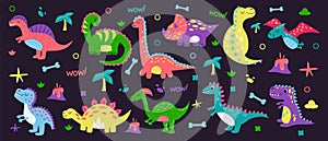 Cute doodle dinosaurs, dino baby collection. Loving animals, tropical plants isolated on black, reptile characters of