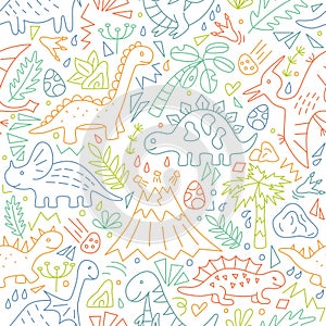 Cute doodle Dinosaurs. Dino colorful seamless pattern. Hand drawn vector illustration