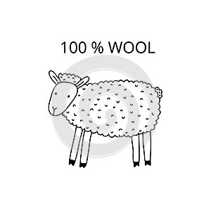 Cute doodle drawing of a sheep and text `100% wool`