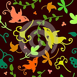 Cute doodle floral seamless pattern with birds