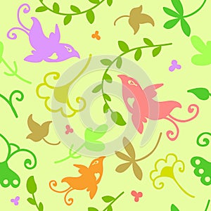 Cute doodle floral seamless pattern with birds