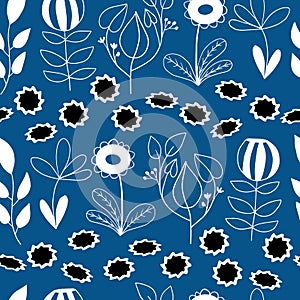 Cute doodle floral seamless vector pattern in blue and white for fabric, wallpaper, scrapbooking projects, or