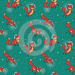 cute doodle fox-astronauts floating in space