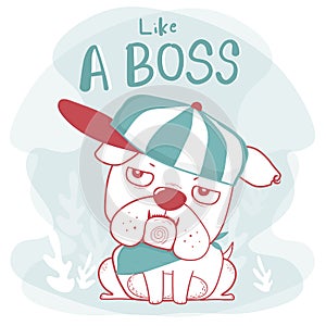 Cute doodle hand drawing nigga bulldog wear cap like a boss cartoon flat