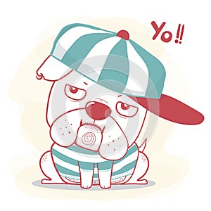 Cute doodle hand drawing nigga bulldog wear cap like a boss cartoon flat