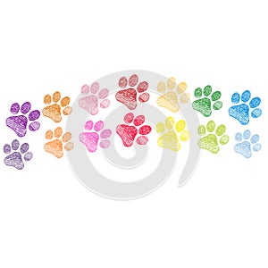 Cute doodle hand drawn colorful paw prints foot step vector