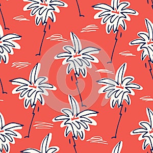 Cute Doodle Hand Drawn Palms Hawaiian Beach Shirt Vector Seamless Pattern on Red Background