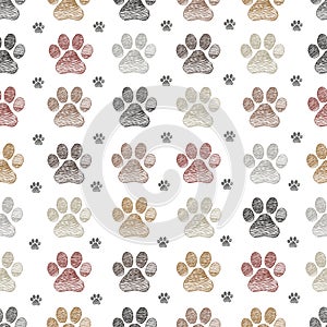 Cute doodle hand drawn paw prints vector pattern. Seamless fabric design pattern