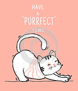 Cute doodle happy playful lazy fluffy kitty white and pink cat have purrfect time, outline hand draw flat vector illustration