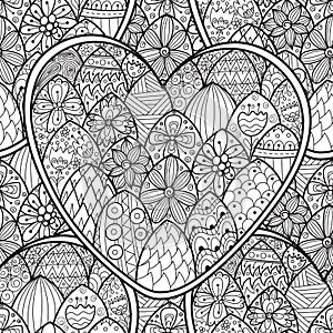 Cute doodle heart black and white seamless pattern for coloring book