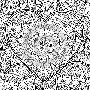 Cute doodle heart mandala black and white seamless pattern for coloring book