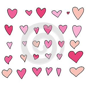 Cute doodle hearts set isolated on white background.