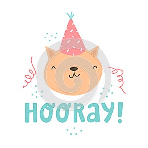 Cute doodle illustration with funny kitten and hand drawn lettering `Hooray!
