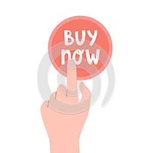 Cute doodle illustration of red button with text `Buy now` on it