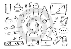 Cute doodle lifestyle gadgets accessories cartoon icons fashion and objects.