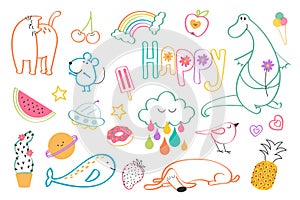 Cute doodle linear symbols and pets mega set in flat design. Vector illustration