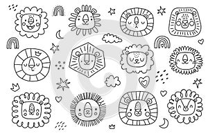 Cute doodle lion heads set. Childish illustration