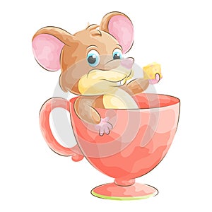 Cute doodle mouse relaxing in a glass with watercolor illustration