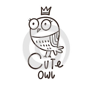 Cute doodle owl emblem. Funny vector character. Line art animal print. Cartoon bird poster.