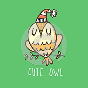 Cute doodle owl emblem. Funny vector character. Line art animal print. Cartoon bird poster.