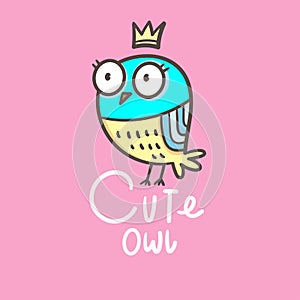 Cute doodle owl emblem. Funny vector character. Line art animal print. Cartoon bird poster.