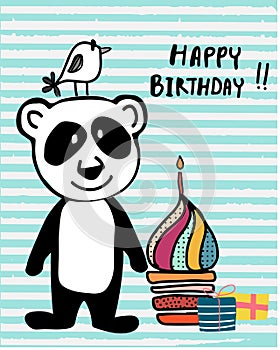 Cute doodle panda and bird with colourful cup cake and candle, suitable for happy birthday card printing