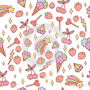 Cute doodle pattern with ice cream, cherry, stars, diamonds etc. Pastel colors. Vector art