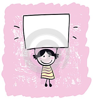Cute doodle retro kid holding blank banner sign.