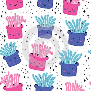 Cute doodle sea creatures seamless pattern