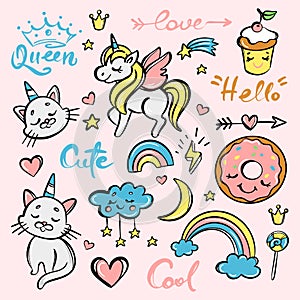 CUTE DOODLE SET CARTOON ANIMALS Hand Drawn Sketch Phrases