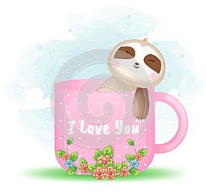 Cute doodle sloth lying and relax in the cup cartoon illustration Premium Vector
