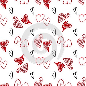 Cute doodle style hearts seamless vector pattern. Valentine's Day handwritten background. Different heart shapes and