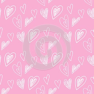 Cute doodle style white hearts seamless vector pattern on red background. Valentine's Day handwritten background.