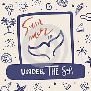 cute doodle summer background with shell,fish tail