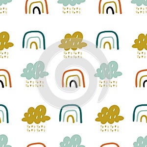 Cute doodle vector pattern with rainbows and clouds. Sky seamless background. Creative scandinavian kids texture for