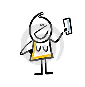 Cute doodle woman making selfy with new smartphone.