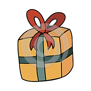 Cute doodle yellow gift box with a green ribbon and red bow for Christmas, birthday or other holiday. Stylized christmas sign.