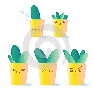 Cute doodles cactus. Cartoon faces on potted plants. Yellow pot. Vector illustration with granient