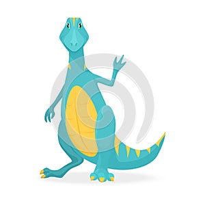 Cute dragon, adorable blue and yellow fairy tale creature waving paw