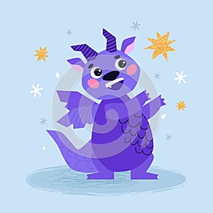 Cute Dragon cartoon mascot character. 2024 Dragon Calendar. January. Happy New Year of the Dragon. Dragon skates on an ice rink in