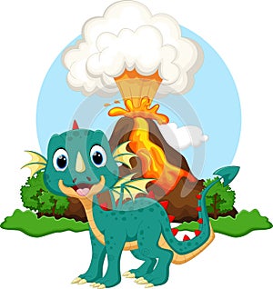 Cute dragon cartoon with volcano background
