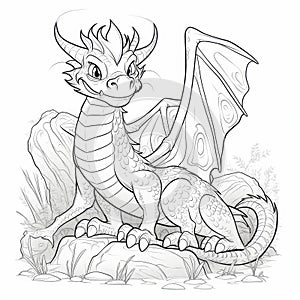 Cute Dragon coloring book page on white background.