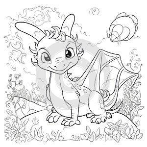 Cute Dragon coloring book page on white background.