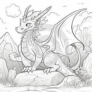 Cute Dragon coloring book page on white background.