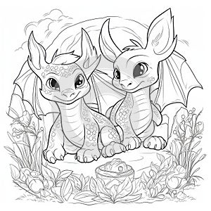 Cute Dragon coloring book page on white background.